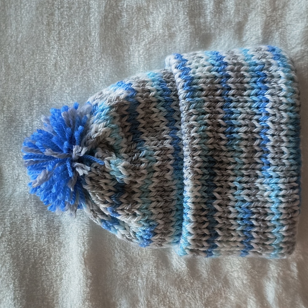 Blue, White and Gray Newborn Knit Pom-Pom Beanie
